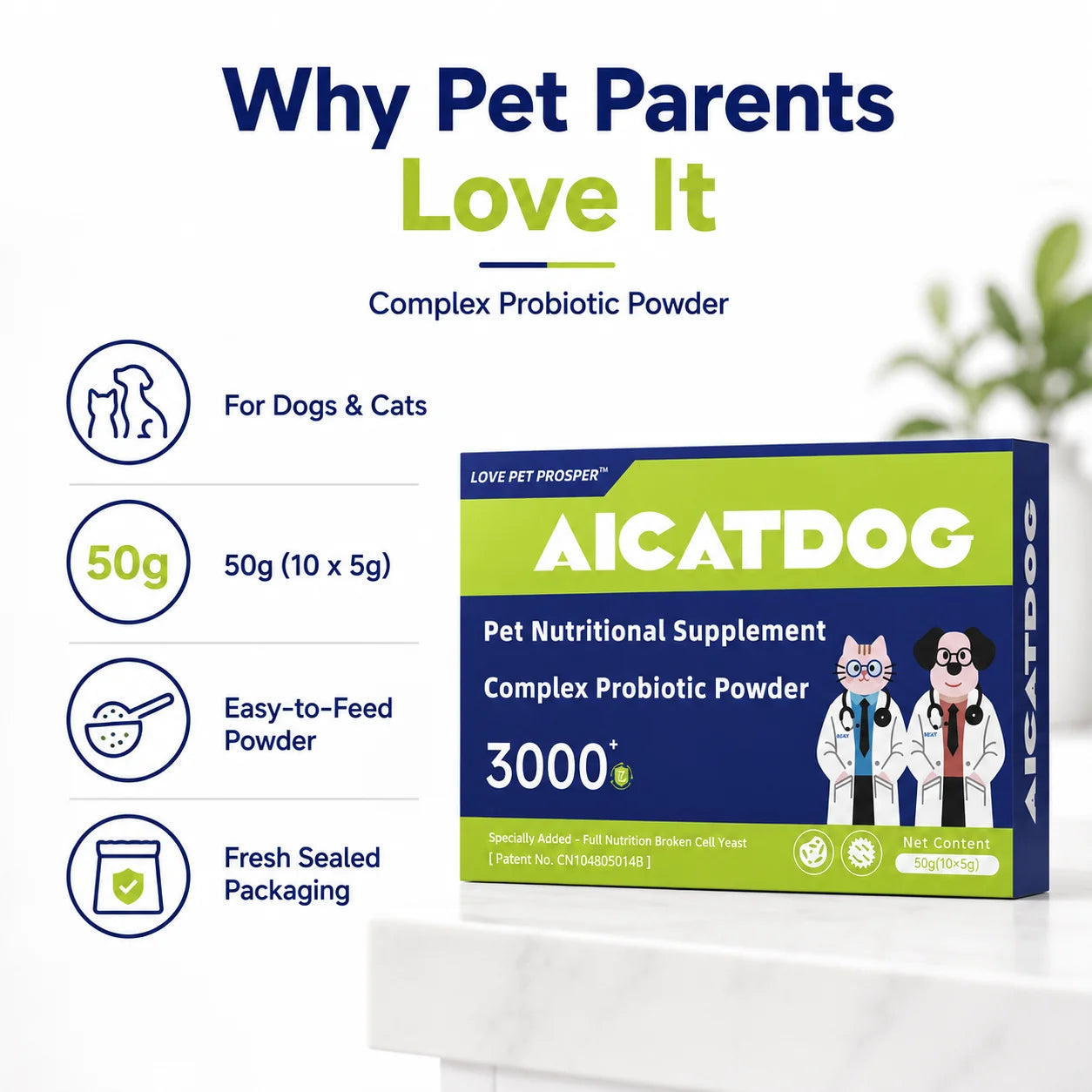 Dog & Cat Probiotic Powder 50g | 3000+ Gut Health & Digestive Support with Yeast & Vitamins