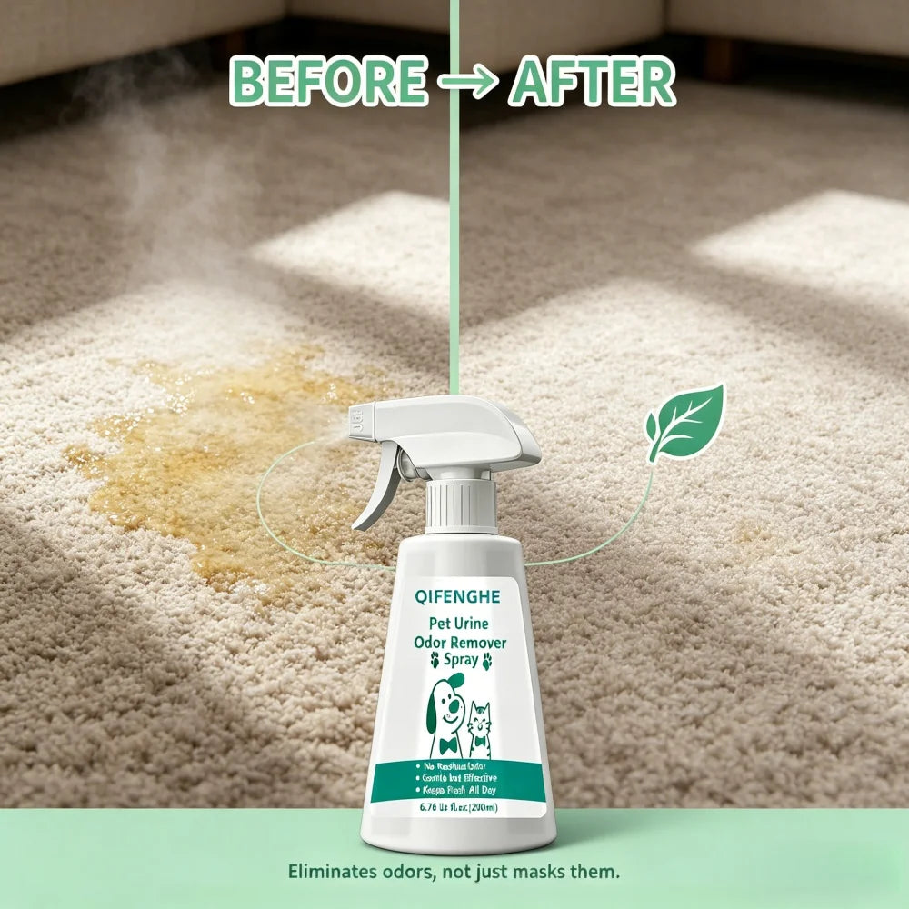 QIFENGHE Pet Odor Eliminator Spray 200ml – Cat & Dog Urine Odor Remover for Carpet, Furniture, Floors & Litter Box, Fragrance Free Formula