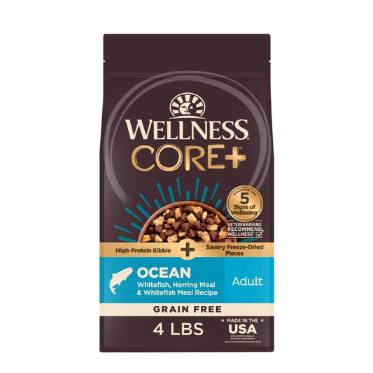 Wellness CORE+ Grain Free Dry Dog Food with Freeze-Dried Pieces – High Protein Natural Dog Food, Ocean Whitefish, Herring & Salmon Recipe, 4 lb Bag