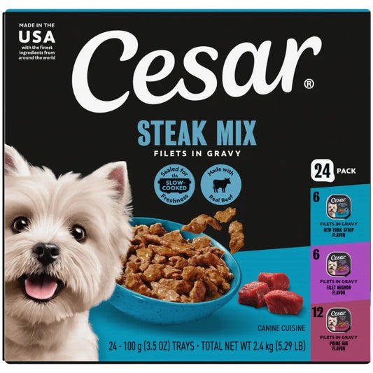 Adult Wet Dog Food Filets in Gravy, Variety Pack 3.5 oz Easy Peel Trays – 24 Pack