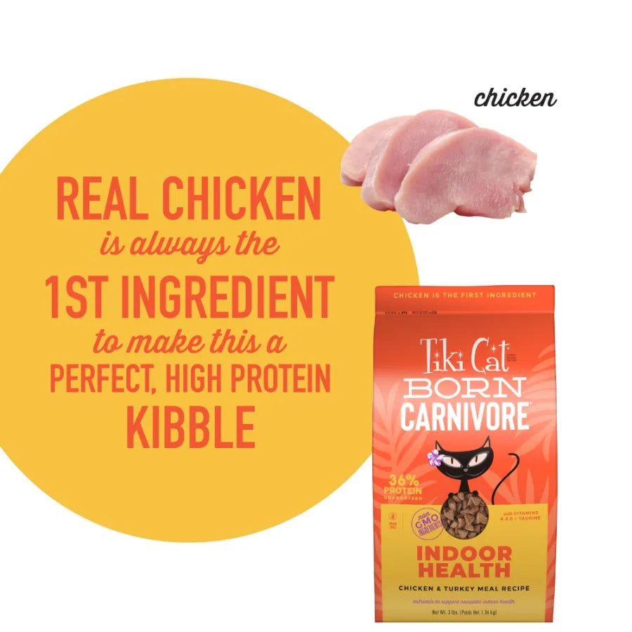 Tiki Cat Born Carnivore Indoor Health Dry Cat Food Chicken & Turkey Meal Recipe High Protein Grain-Free Indoor Cats 3 lb