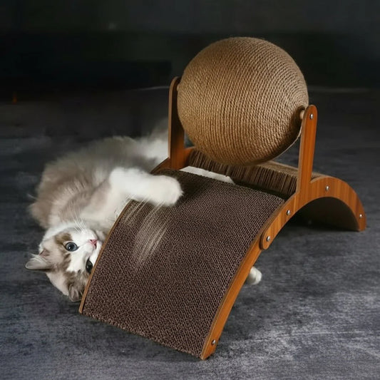 SCRATCHORA – 2-in-1 Cat Scratch Ball with Natural Sisal Board and Wooden Platform