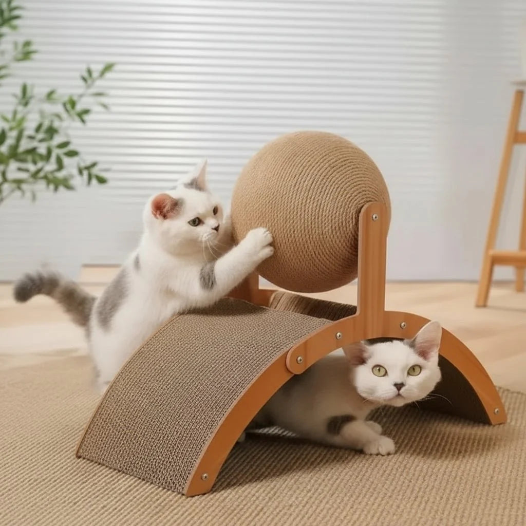 SCRATCHORA – 2-in-1 Cat Scratch Ball with Natural Sisal Board and Wooden Platform