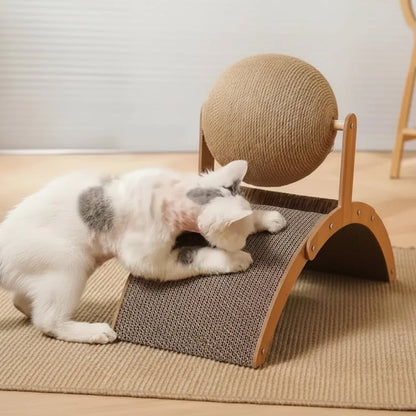 SCRATCHORA – 2-in-1 Cat Scratch Ball with Natural Sisal Board and Wooden Platform