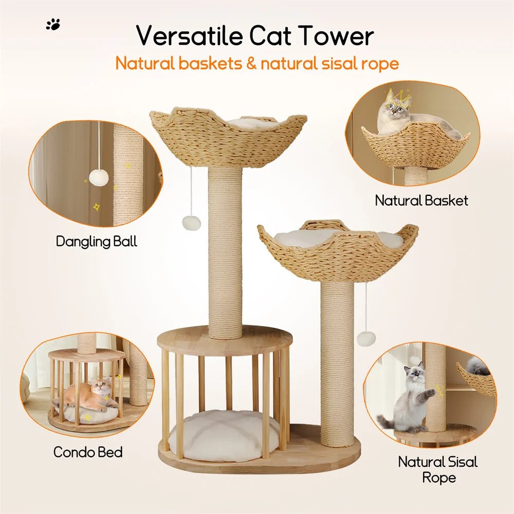 TRICATLOFT – Three-level plush cat tree with sturdy sisal scratching posts