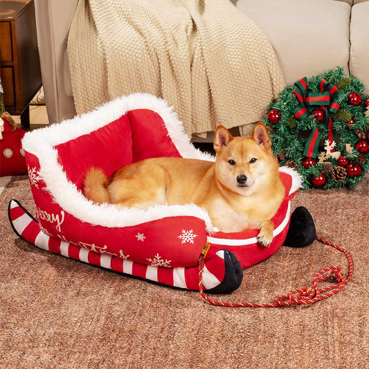 NOELTAIL – Christmas Sleigh Dog Bed with Plush Crystal Velvet and Non-Slip Bottom