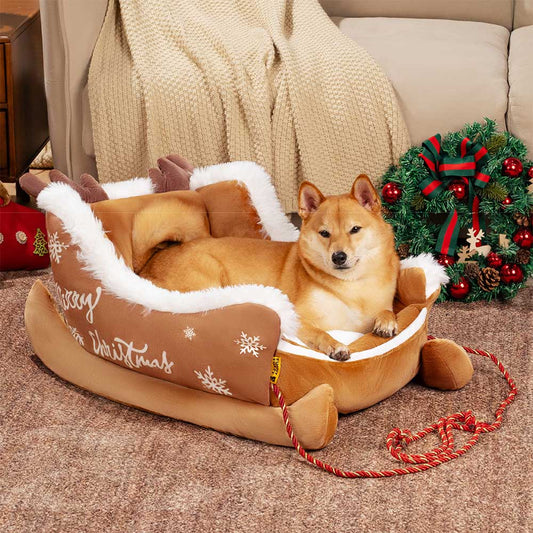 NOELTAIL – Christmas Sleigh Dog Bed with Plush Crystal Velvet and Non-Slip Bottom