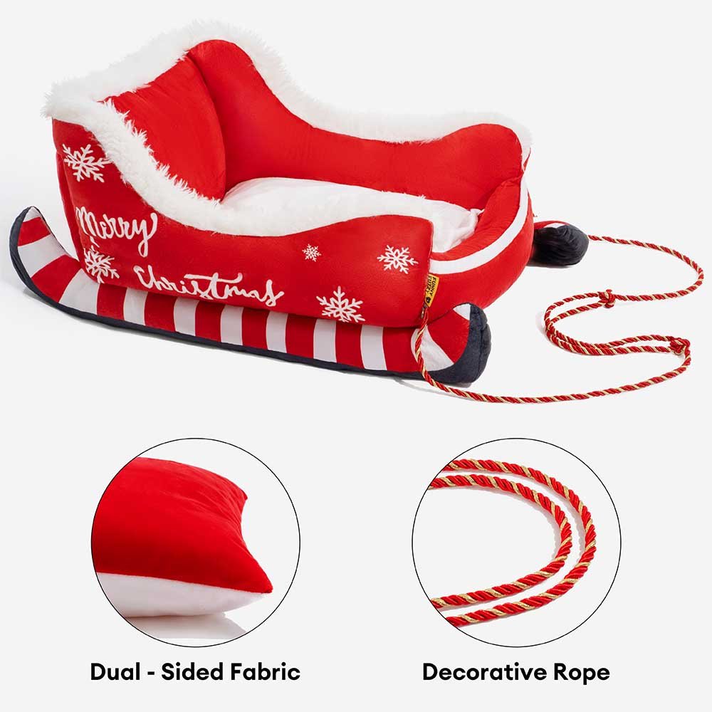 NOELTAIL – Christmas Sleigh Dog Bed with Plush Crystal Velvet and Non-Slip Bottom