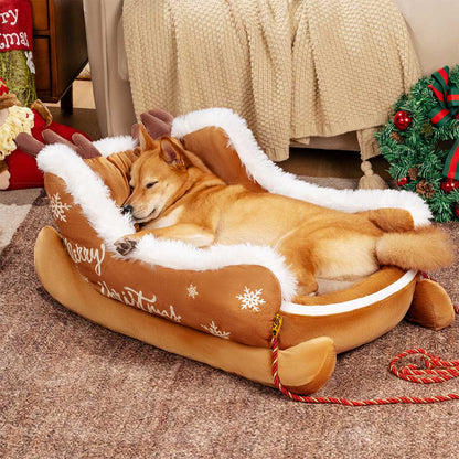 NOELTAIL – Christmas Sleigh Dog Bed with Plush Crystal Velvet and Non-Slip Bottom