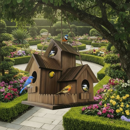 TIMBERROOST – Rustic birdhouse made of solid wood with multiple nesting chambers for outdoor use