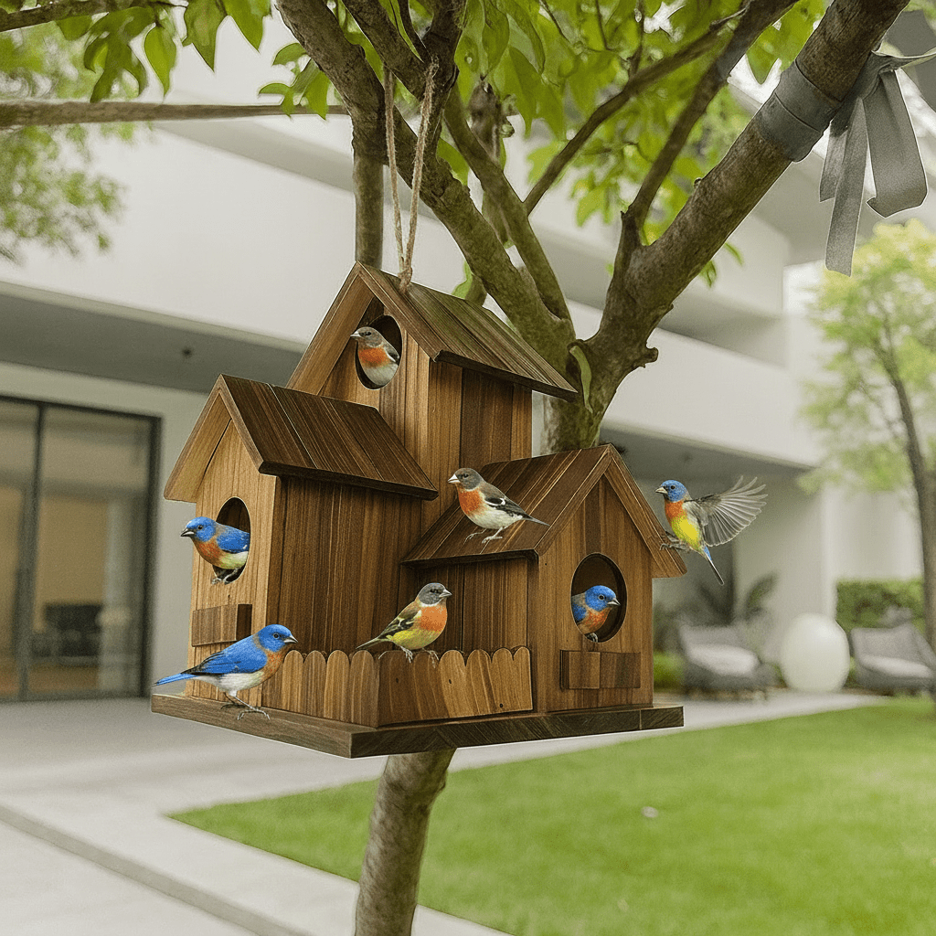TIMBERROOST – Rustic birdhouse made of solid wood with multiple nesting chambers for outdoor use
