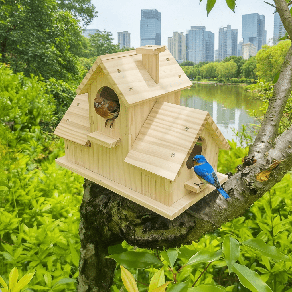 BIRDWALDEN – Rustic birdhouse made of solid wood with multi-chamber nesting box for garden birds