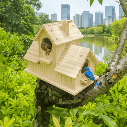 BIRDWALDEN – Rustic birdhouse made of solid wood with multi-chamber nesting box for garden birds