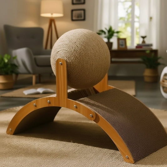 SCRATCHORA – 2-in-1 Cat Scratch Ball with Natural Sisal Board and Wooden Platform