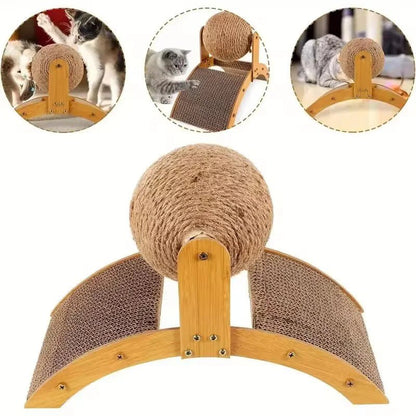 SCRATCHORA – 2-in-1 Cat Scratch Ball with Natural Sisal Board and Wooden Platform