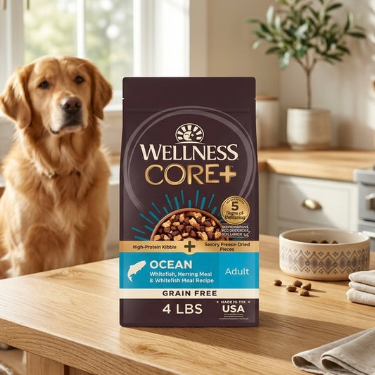 Wellness CORE+ Grain Free Dry Dog Food with Freeze-Dried Pieces – High Protein Natural Dog Food, Ocean Whitefish, Herring & Salmon Recipe, 4 lb Bag