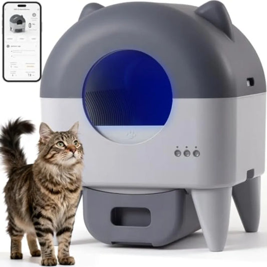 Extra Large Automatic Litter Box for Multiple Cats with Smart APP Control Low Noise Safety Sensors Anti-Track Mat Odor-Free Gra