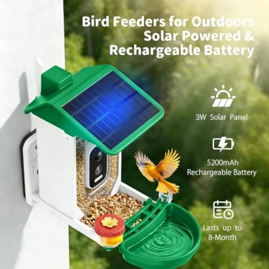 Smart Bird Feeder with 4K UHD Camera, AI Bird Identification, Instant Arrival Alerts, Solar Powered, 5200mAh Rechargeable Battery