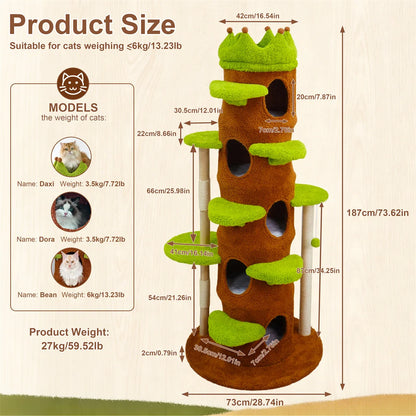 Modern 187cm Tall Green Indoor Cat Tower Center Multi-level Cat Climbing Actitivy Tower with Scratching Posts