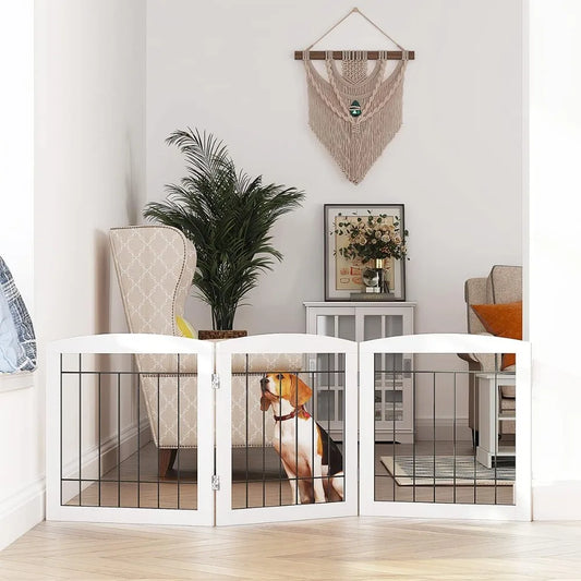 Free Standing Dog Gate, 3-Panel Wooden Pet Fence, 60"W x 24"H, Foldable for Doorways, Stairs, Indoor Use, White