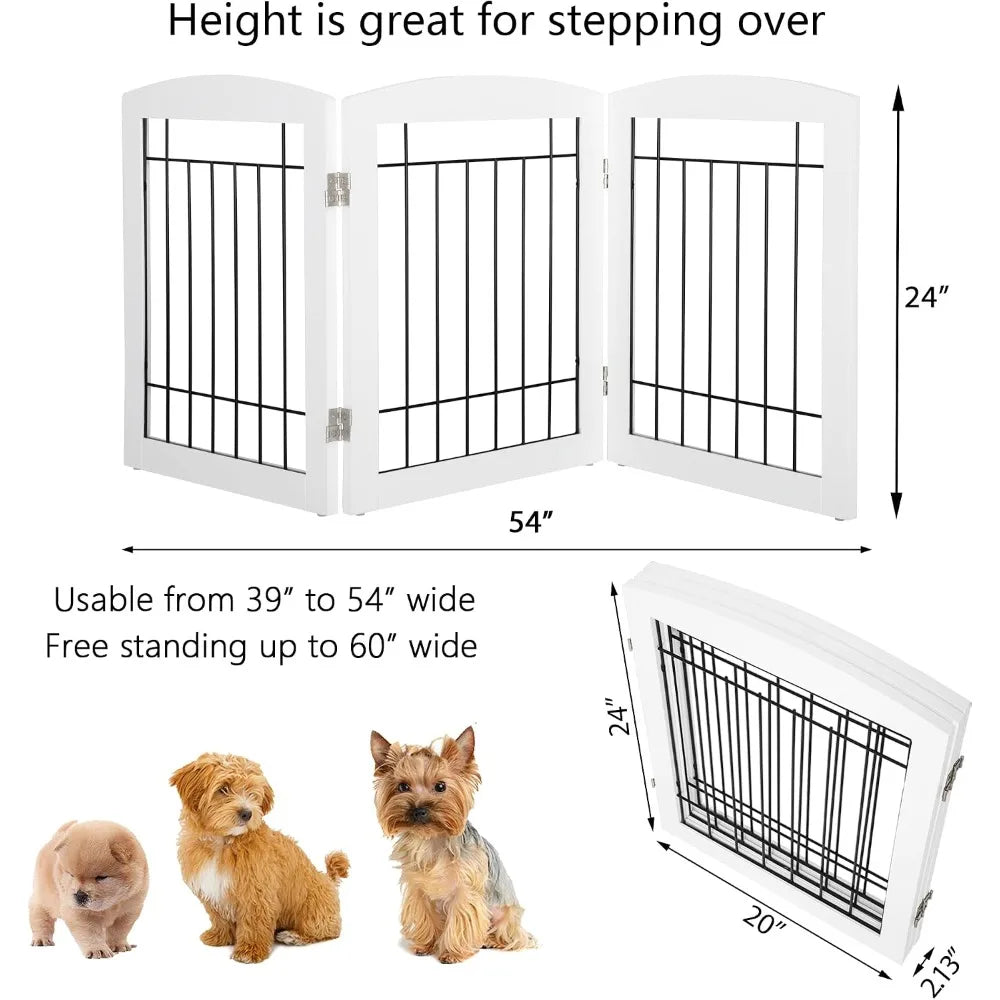 Free Standing Dog Gate, 3-Panel Wooden Pet Fence, 60"W x 24"H, Foldable for Doorways, Stairs, Indoor Use, White