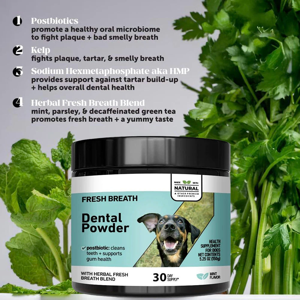 Dog Dental Powder Breath Freshener for Teeth Cleaning, Plaque & Tartar Remover – Kelp & Mint Dental Care for Dogs
