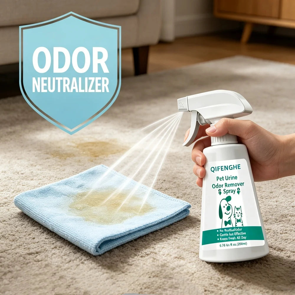 QIFENGHE Pet Odor Eliminator Spray 200ml – Cat & Dog Urine Odor Remover for Carpet, Furniture, Floors & Litter Box, Fragrance Free Formula