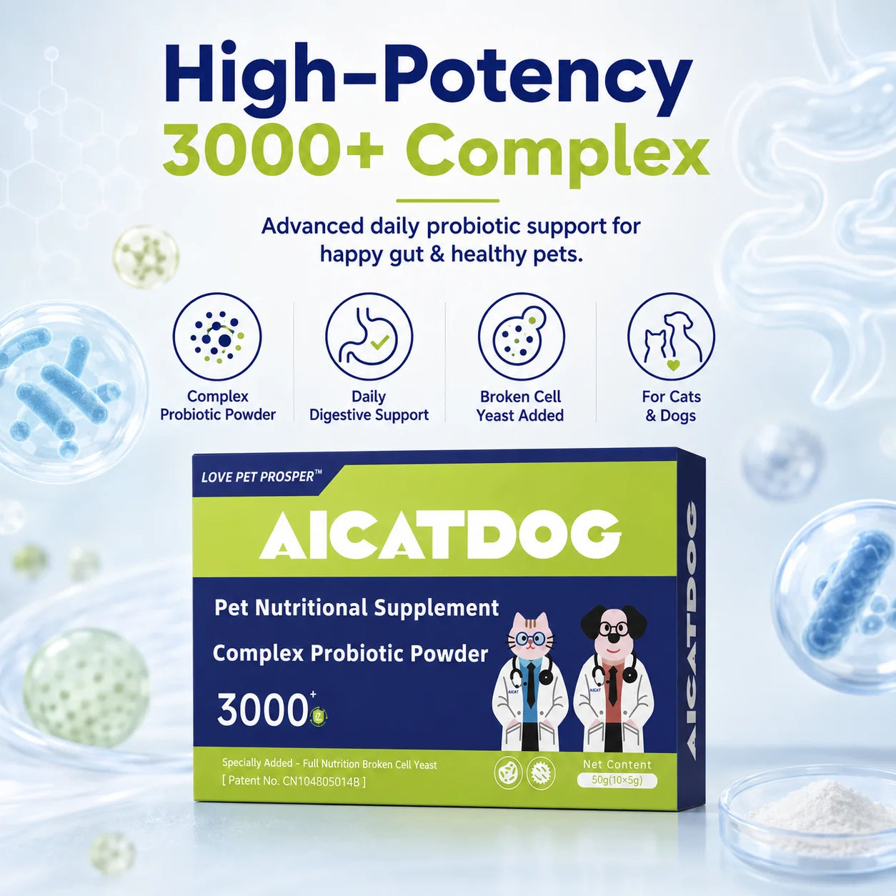 Dog & Cat Probiotic Powder 50g | 3000+ Gut Health & Digestive Support with Yeast & Vitamins