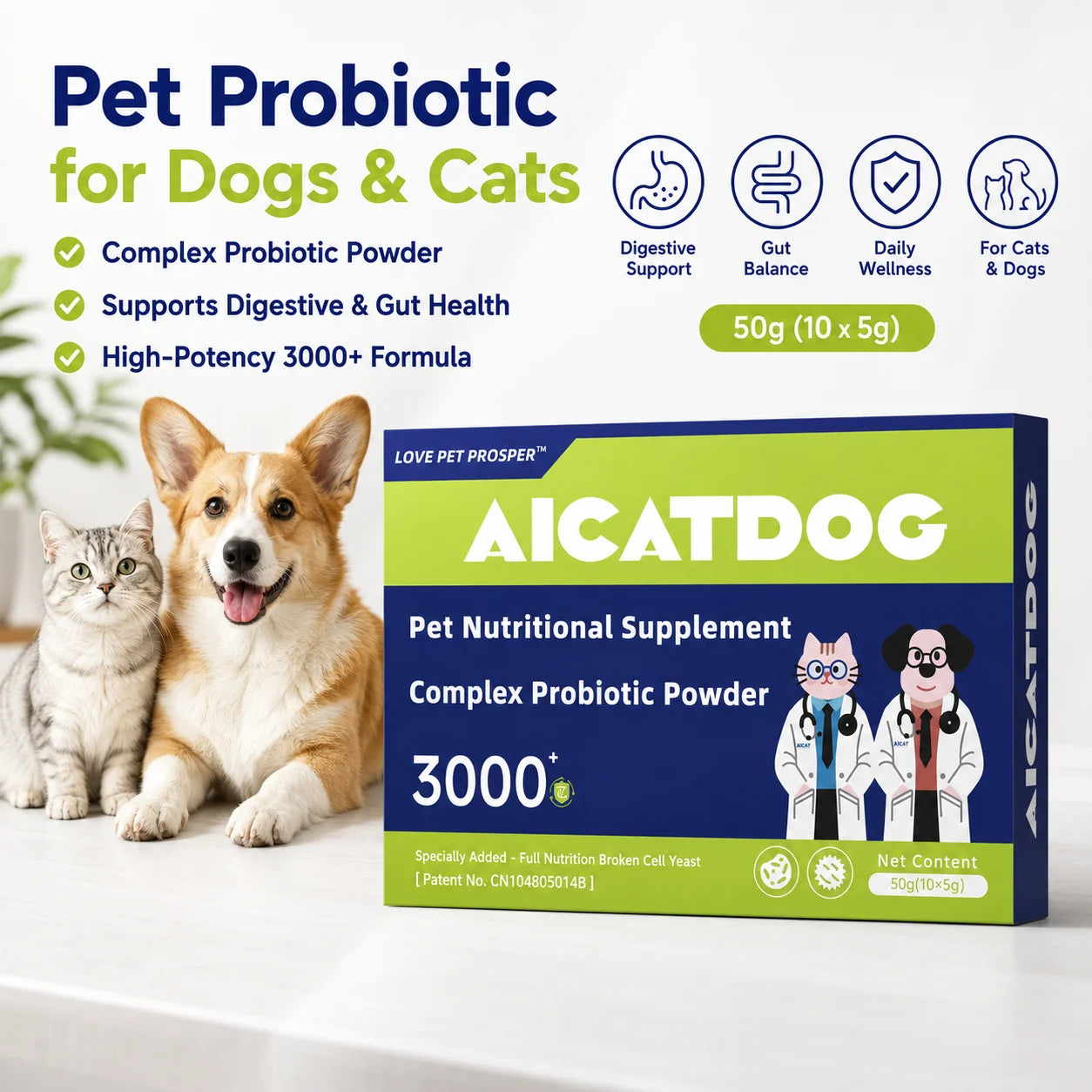Dog & Cat Probiotic Powder 50g | 3000+ Gut Health & Digestive Support with Yeast & Vitamins