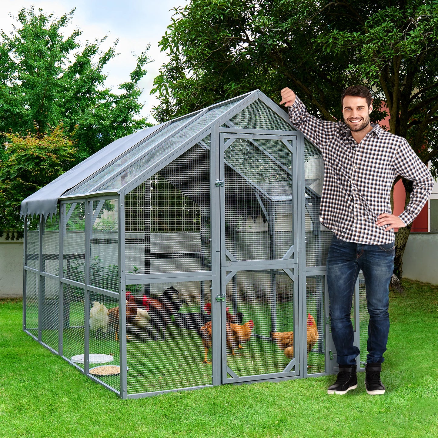 110'' Large Outdoor Chicken Coop And Kitten Playpen with Waterproof Cover Platforms 2 Easy-Access Doors for Pets