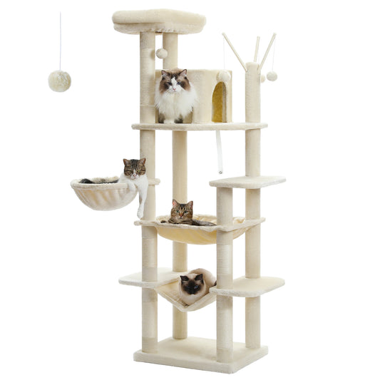 Large Cat Tree Tower for Indoor Cats, Multi-Level Cat Condo with Scratching Posts, Plush Perches, Caves & Scratching Boards
