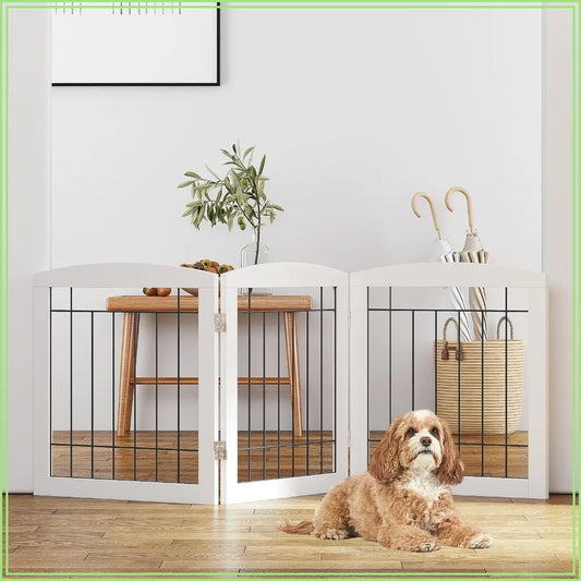 Free Standing Dog Gate, 3-Panel Wooden Pet Fence, 60"W x 24"H, Foldable for Doorways, Stairs, Indoor Use, White