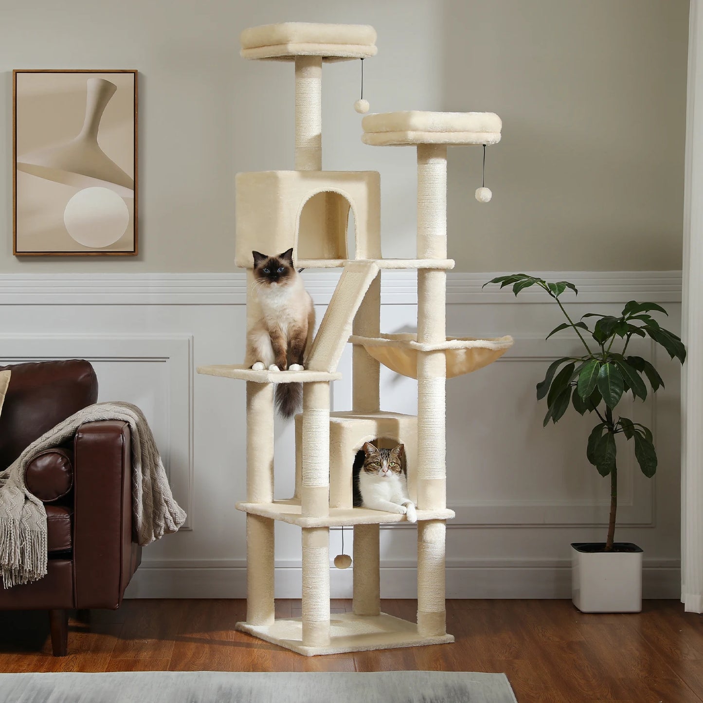 Large Cat Tree Tower for Indoor Cats, Multi-Level Cat Condo with Scratching Posts, Plush Perches, Caves & Scratching Boards