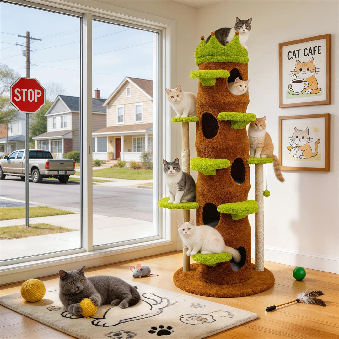 Modern 187cm Tall Green Indoor Cat Tower Center Multi-level Cat Climbing Actitivy Tower with Scratching Posts