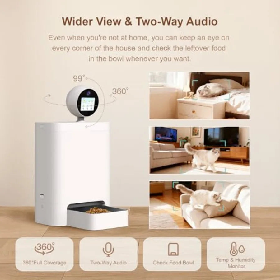 Automatic Cat Feeder with Camera 360°, 2K HD Pet Feeder with Night Vision and 2-Way Audio, Smart APP Control, AI Smart Cat Feed