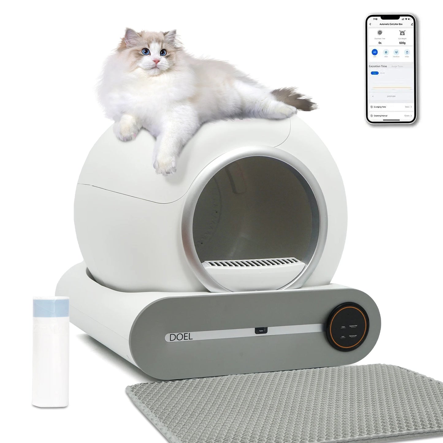 Self Cleaning Cat Litter Box, 65L Automatic Cat Litter Box with App Control, 2.4G WiFi, Litter Mat & Trash Bags, Smart Cat Toilet
