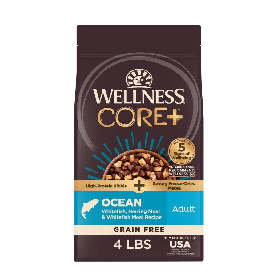 Wellness CORE+ Grain Free Dry Dog Food with Freeze-Dried Pieces – High Protein Natural Dog Food, Ocean Whitefish, Herring & Salmon Recipe, 4 lb Bag