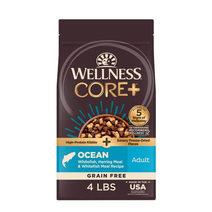 Wellness CORE+ Grain Free Dry Dog Food with Freeze-Dried Pieces – High Protein Natural Dog Food, Ocean Whitefish, Herring & Salmon Recipe, 4 lb Bag