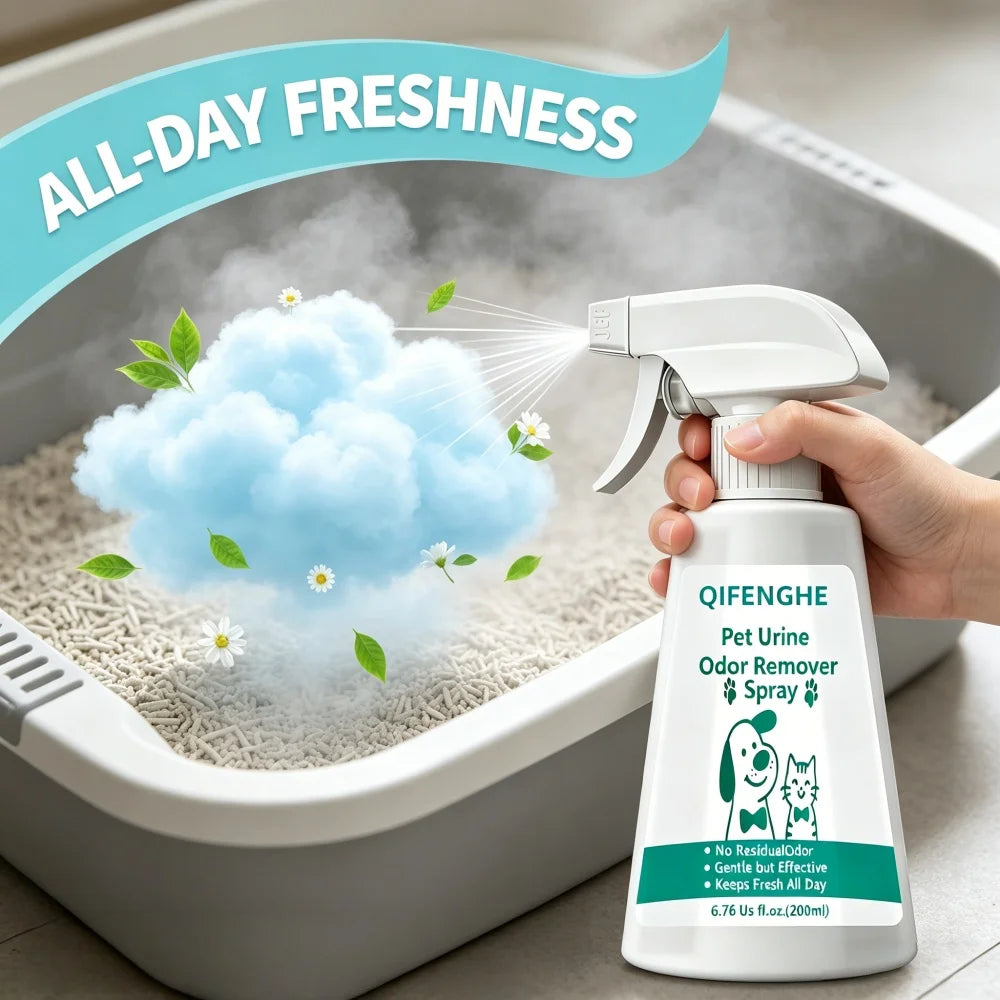 QIFENGHE Pet Odor Eliminator Spray 200ml – Cat & Dog Urine Odor Remover for Carpet, Furniture, Floors & Litter Box, Fragrance Free Formula