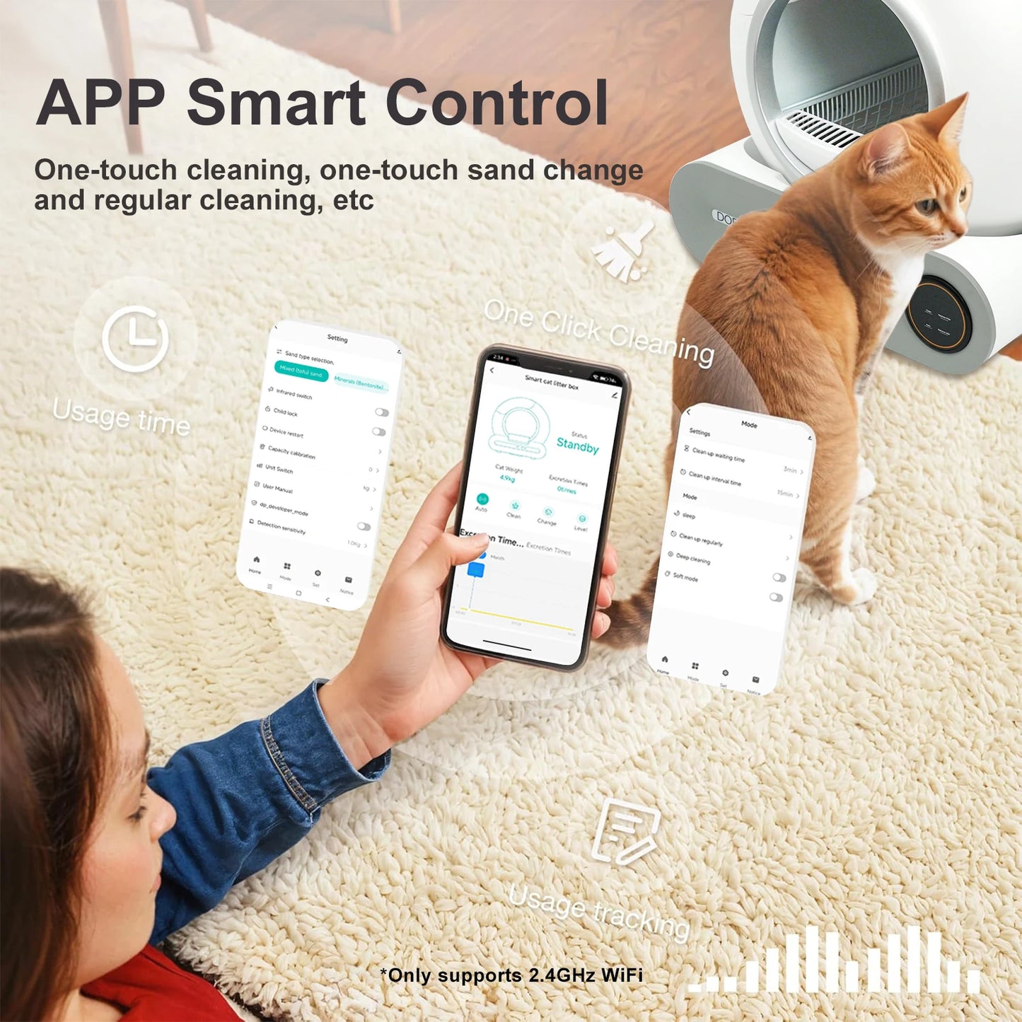 Self Cleaning Cat Litter Box, 65L Automatic Cat Litter Box with App Control, 2.4G WiFi, Litter Mat & Trash Bags, Smart Cat Toilet