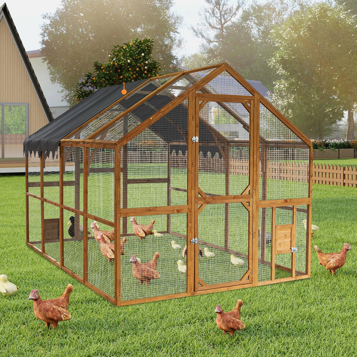 110'' Large Outdoor Chicken Coop And Kitten Playpen with Waterproof Cover Platforms 2 Easy-Access Doors for Pets