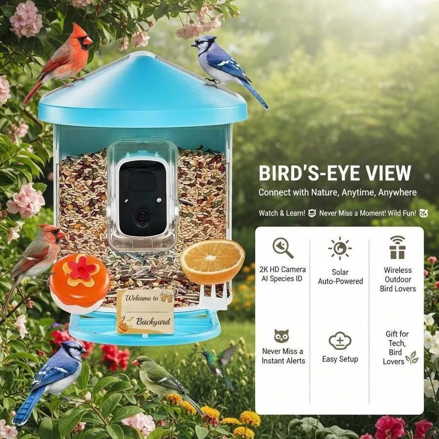 Smart Bird Feeder with Camera 2K HD | AI Bird Species Recognition | Solar Powered