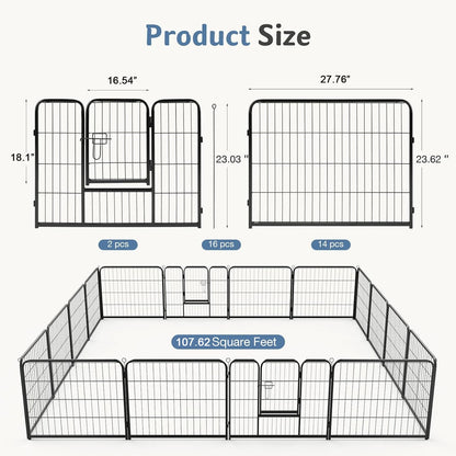 16 Panel Dog Playpen with Gate, Foldable Metal Pet Fence for Large Dogs & Puppies, Indoor & Outdoor Exercise Pen for Yard & Camping