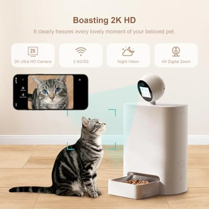 Automatic Cat Feeder with Camera 360°, 2K HD Pet Feeder with Night Vision and 2-Way Audio, Smart APP Control, AI Smart Cat Feed