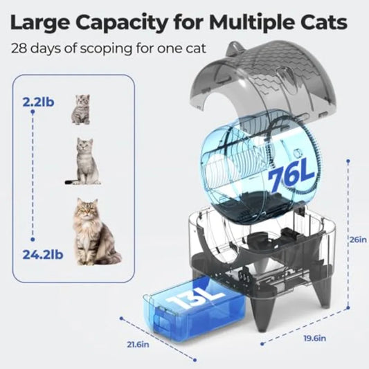 Extra Large Automatic Litter Box for Multiple Cats with Smart APP Control Low Noise Safety Sensors Anti-Track Mat Odor-Free Gra