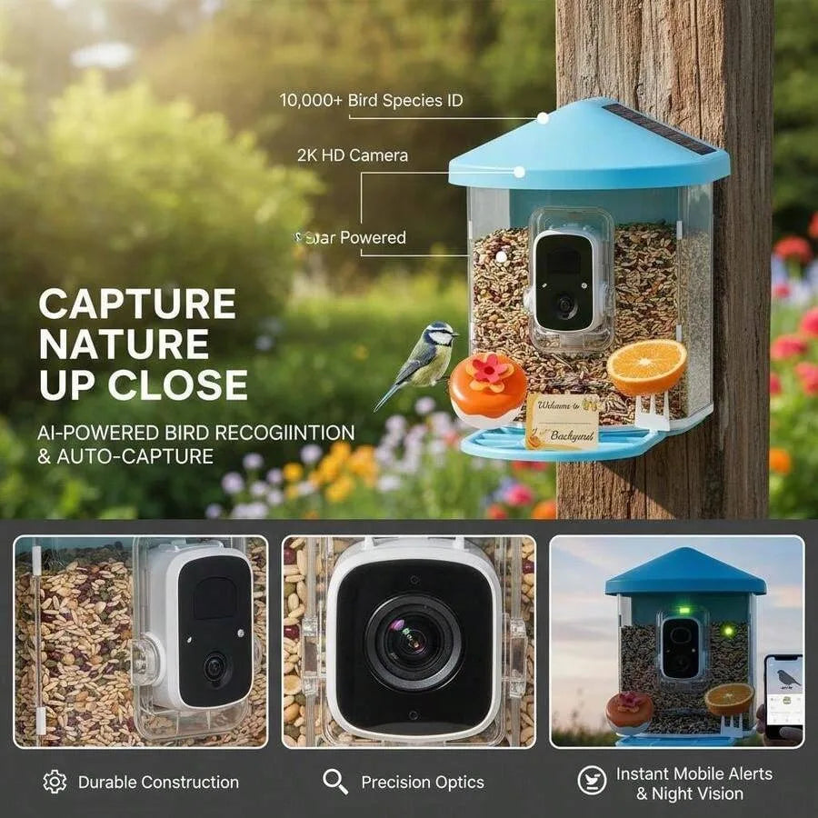 Smart Bird Feeder with Camera 2K HD | AI Bird Species Recognition | Solar Powered