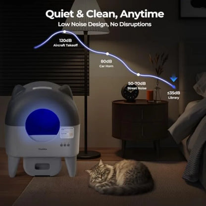 Extra Large Automatic Litter Box for Multiple Cats with Smart APP Control Low Noise Safety Sensors Anti-Track Mat Odor-Free Gra