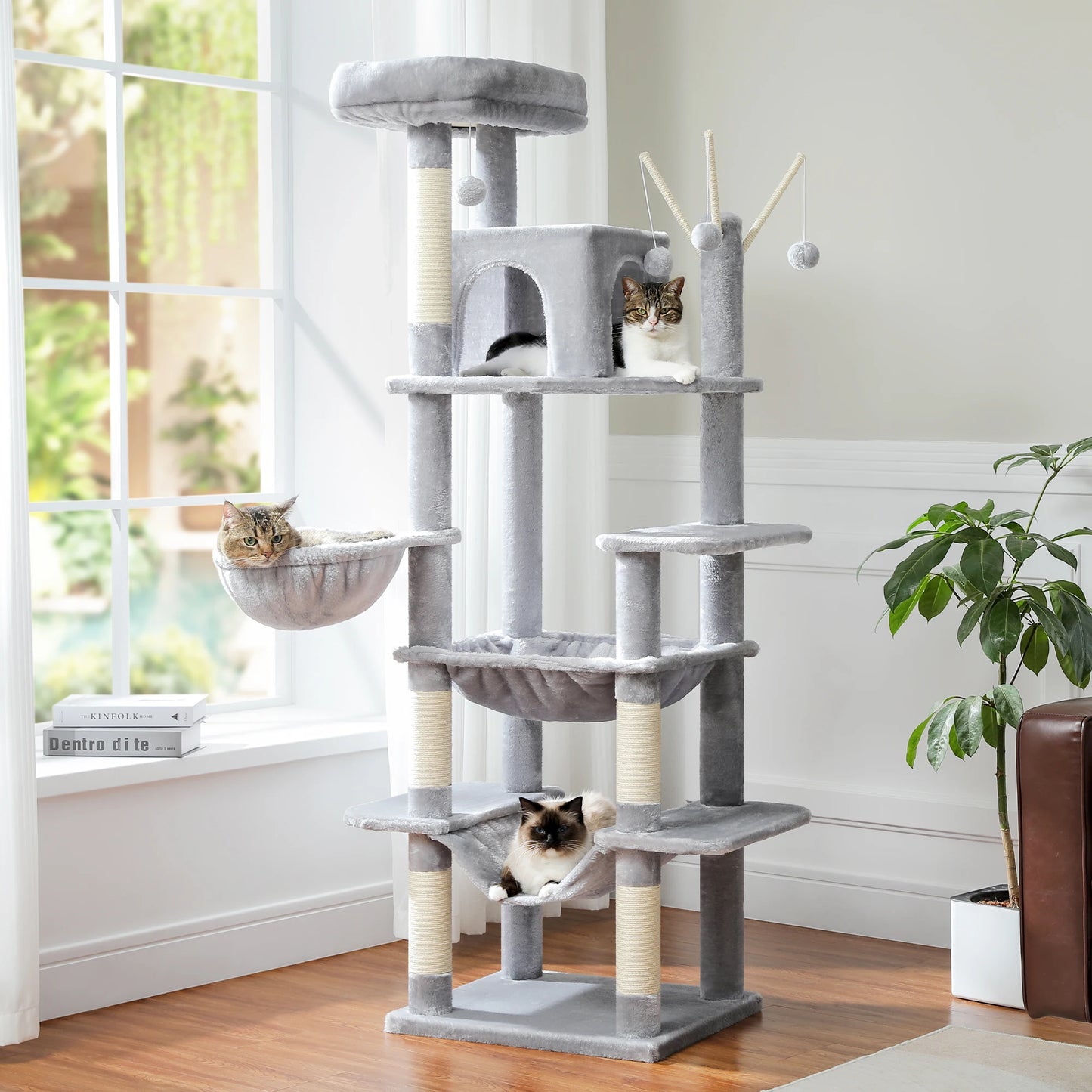 Large Cat Tree Tower for Indoor Cats, Multi-Level Cat Condo with Scratching Posts, Plush Perches, Caves & Scratching Boards