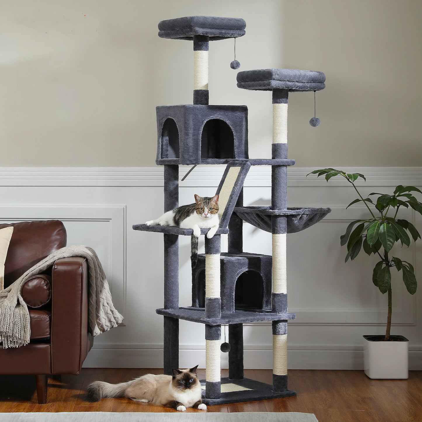 Large Cat Tree Tower for Indoor Cats, Multi-Level Cat Condo with Scratching Posts, Plush Perches, Caves & Scratching Boards