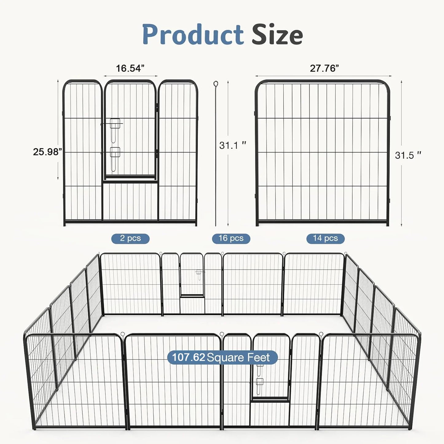 16 Panel Dog Playpen with Gate, Foldable Metal Pet Fence for Large Dogs & Puppies, Indoor & Outdoor Exercise Pen for Yard & Camping